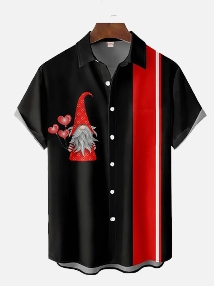 Valentine's Day Red And Black Stitching Love Gnome Printing Short Sleeve Shirt