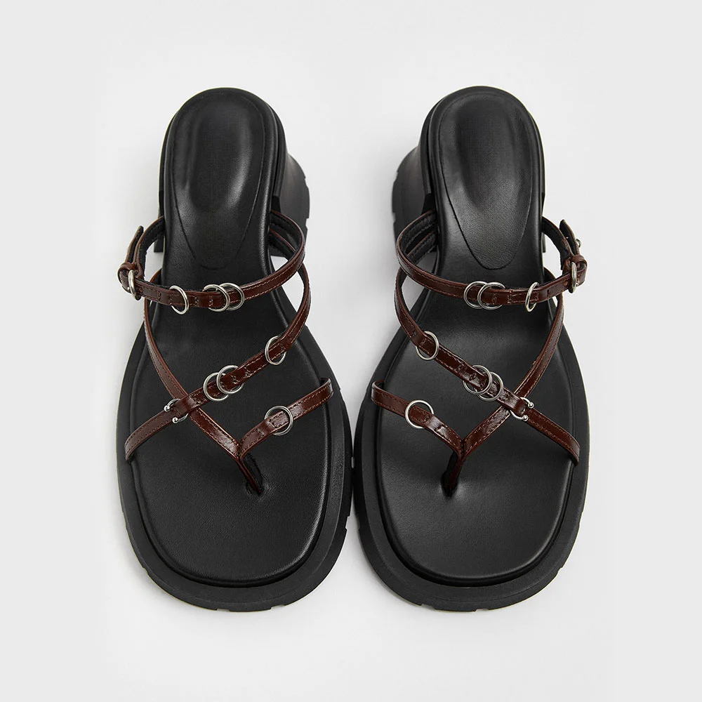 Brown Round Toe Criss-Cross Straps Platform Mules Shoes with Buckle