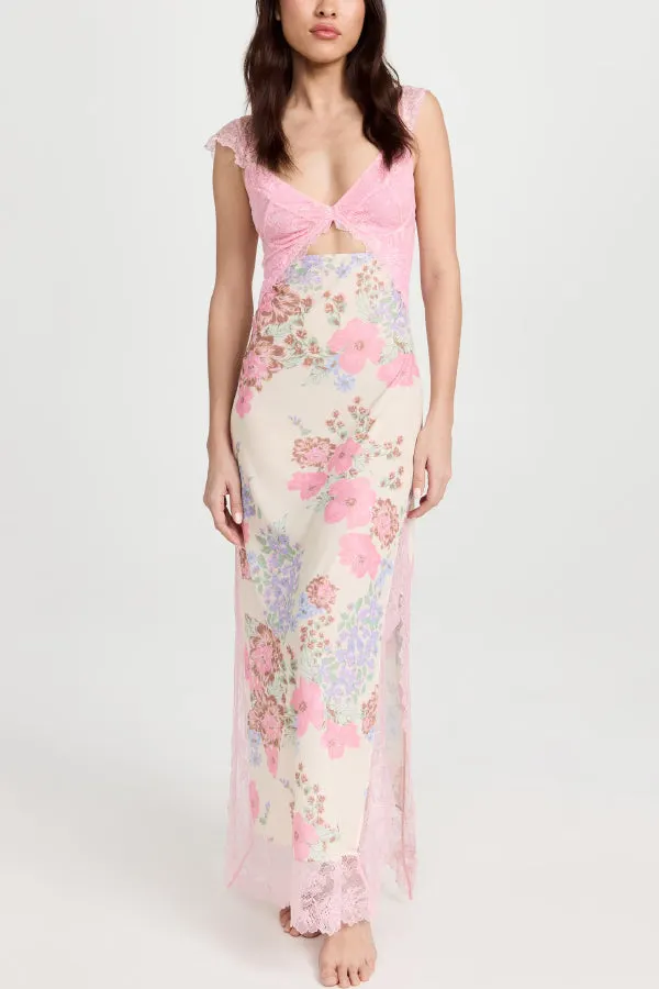 Floral Print Lace Patchwork Hollow-out Slim-fit Midi Dress