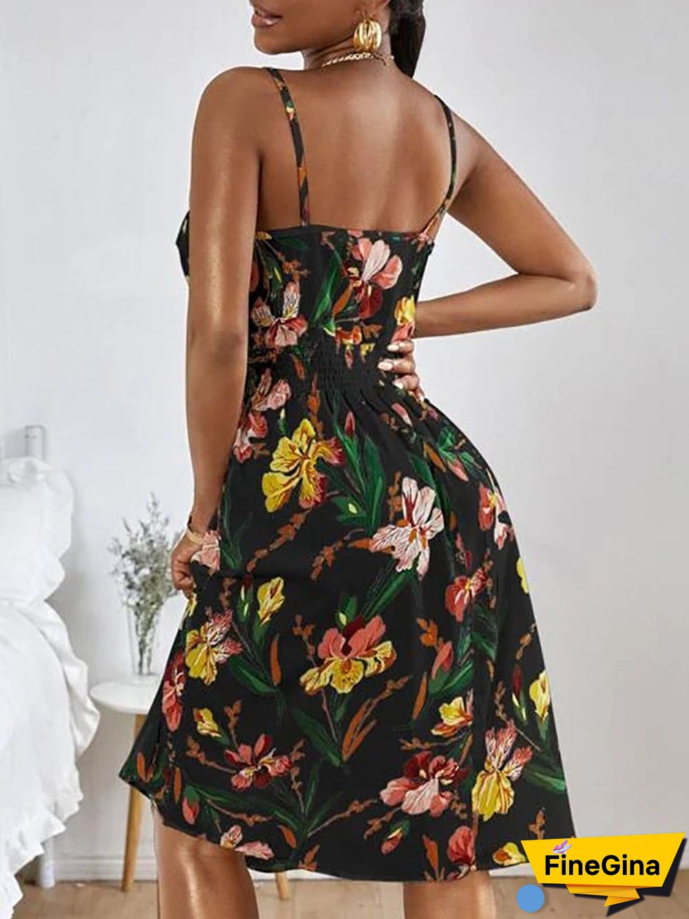 Women'S Dresses Printed Sling Elastic Waist Sleeveless Dress