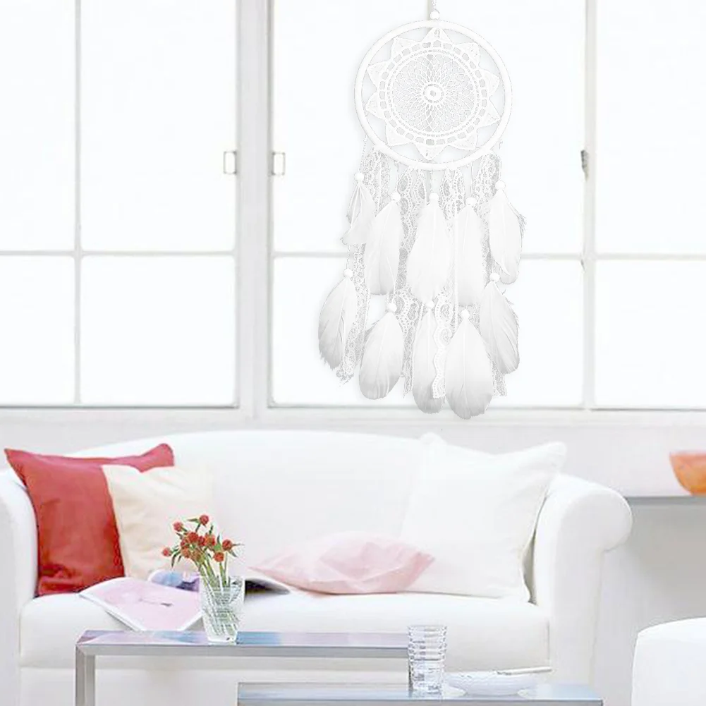 White Dream Catcher Wooden Beads Lace Pendant Feather Wind Chime (MS6060)