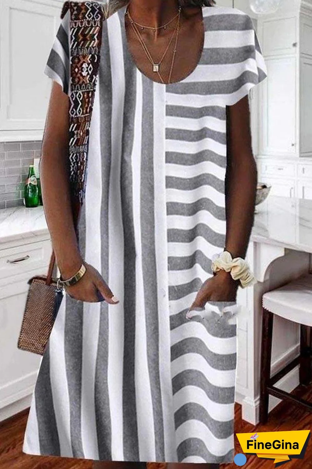 Paneled Striped Print Side Pockets Casual Midi Dress
