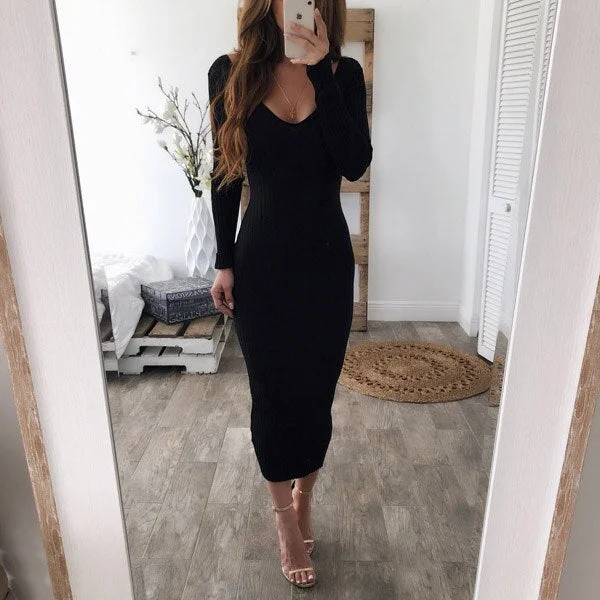 Knitted Sweater Dress Women 2020Fashion Spring Autumn Noodles Elastic Long Sleeve Bodycon Dress Black Red Sexy Midi Winter Dress