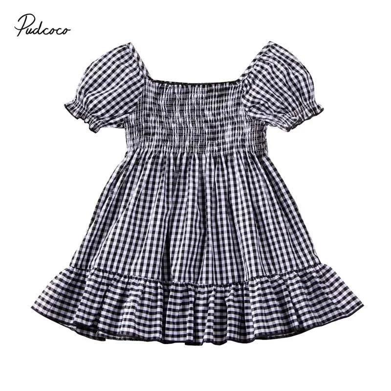 2020 Baby Summer Clothing Toddler Kid Girl Baby Dress Shortsleeve Party Plaid Ruffle Tutu Casual Off Shoulder Elastic Dresses