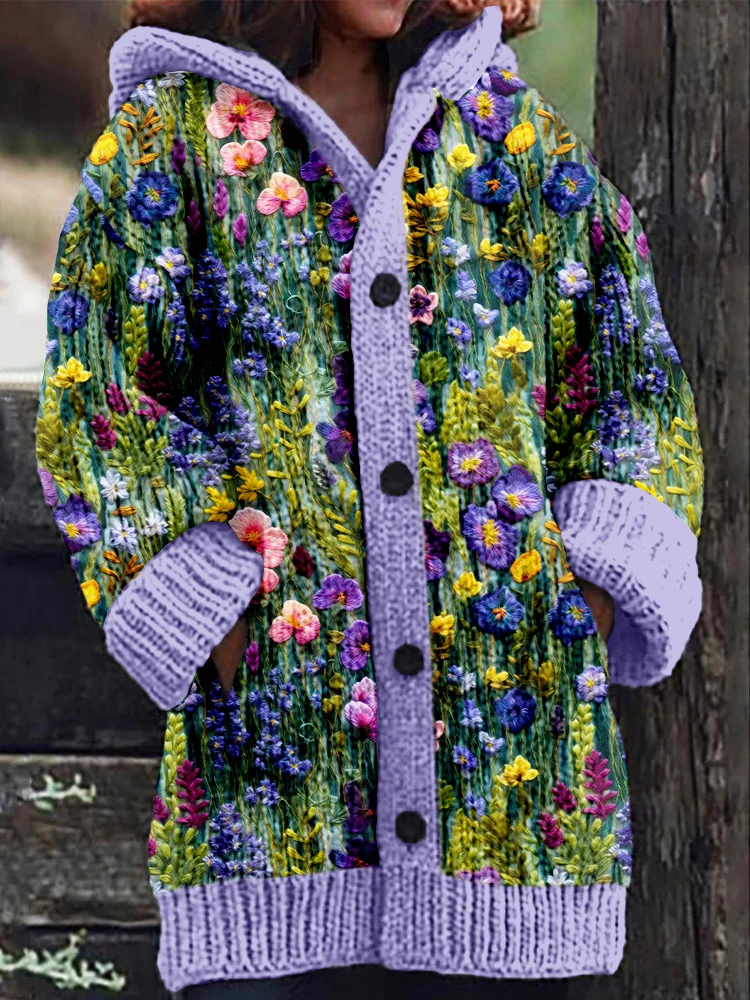 VChics Violet Wildflower Embroidery Pattern Cozy Hooded Cardigan