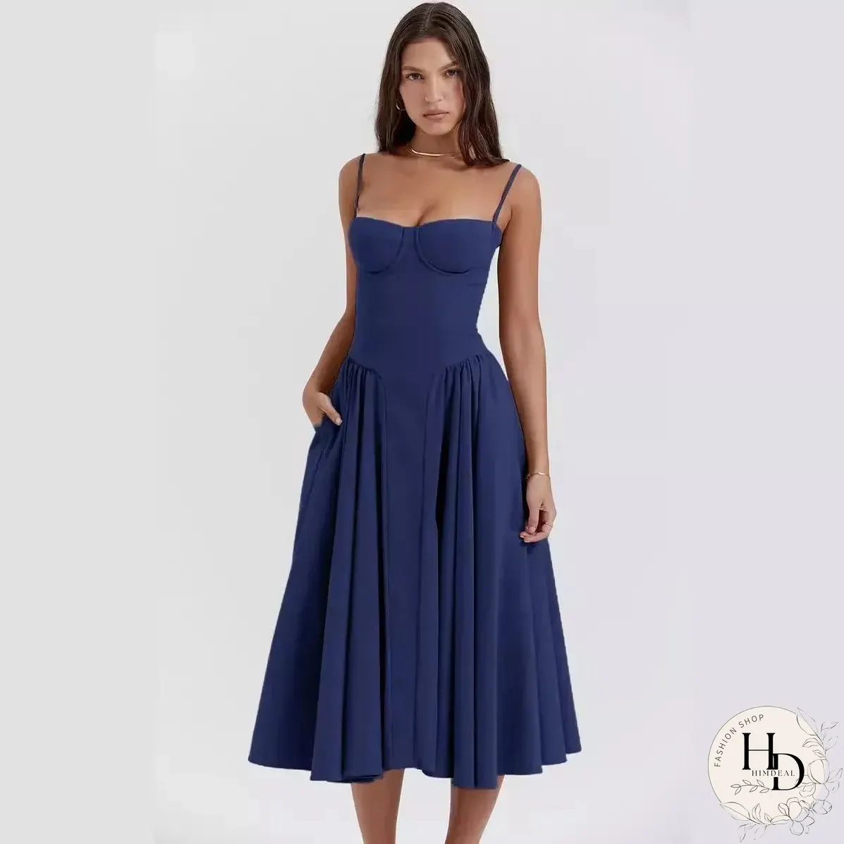 Elegant Solid Sling Long Pleated Dress Chic Sleeveless Backless A-Line Summer Party Club