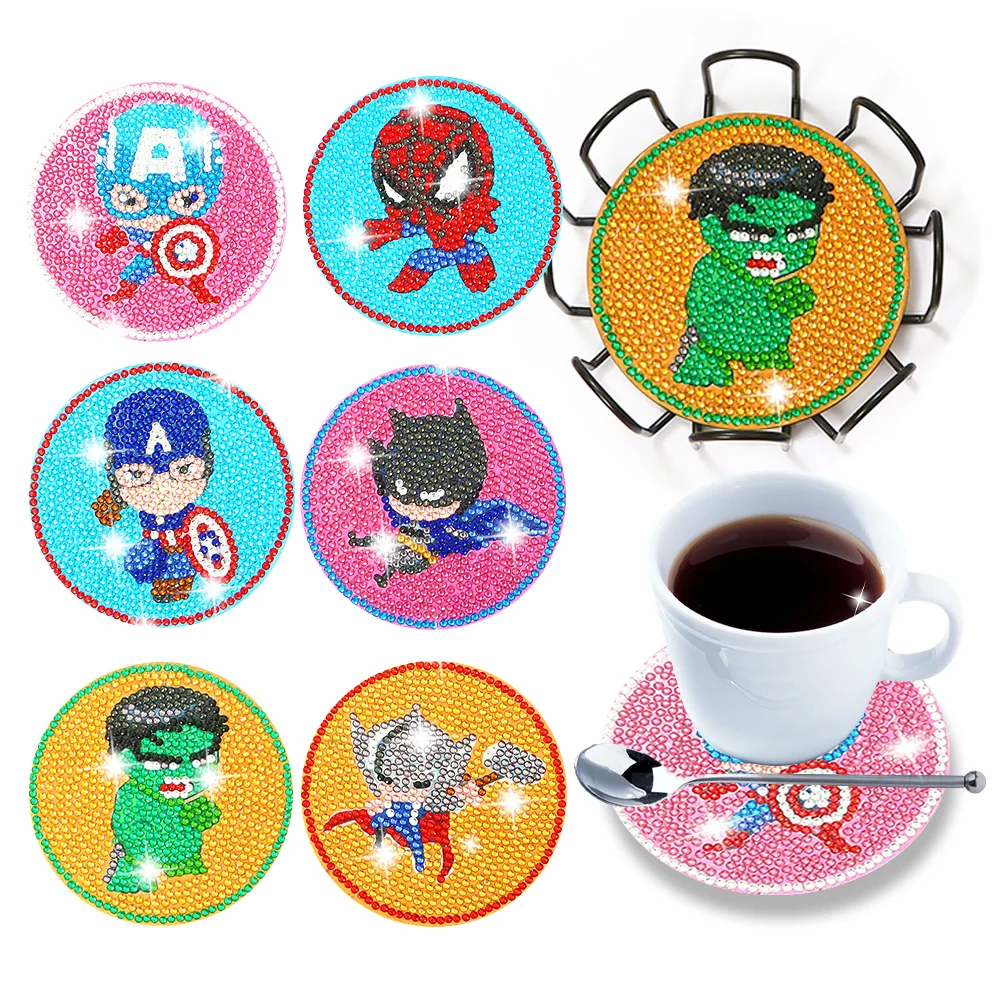 DIY Wooden Cartoon Marvel/DC  Character Coasters Diamond Painting Kits for Beginners, Adults & Kids Art Craft Supplies