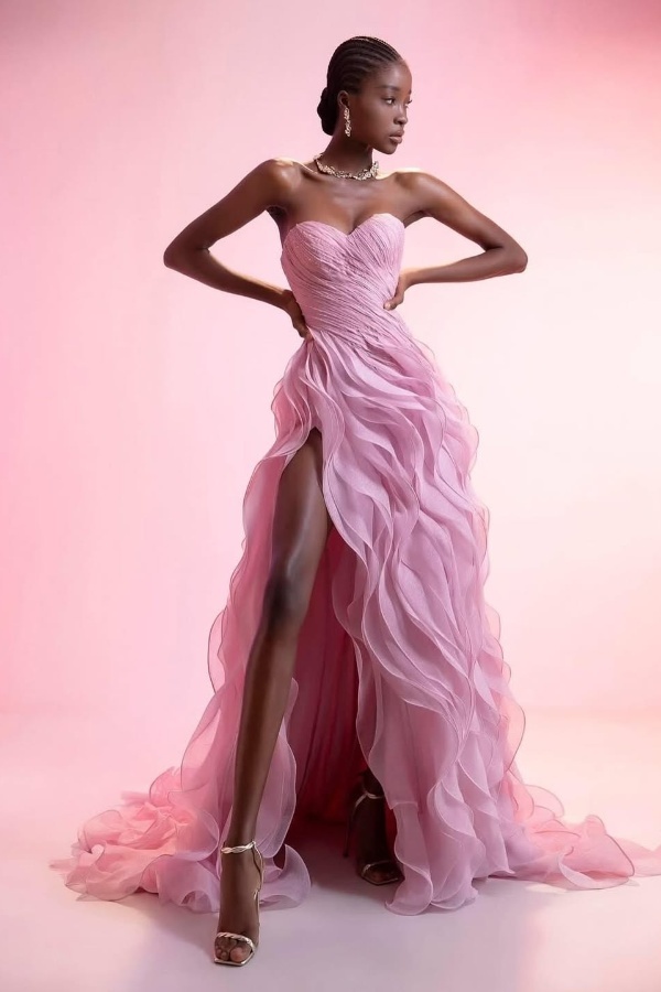 Ovlias Elegant Pink Strapless Sweetheart Prom Dress Pleated with Split JQ0049