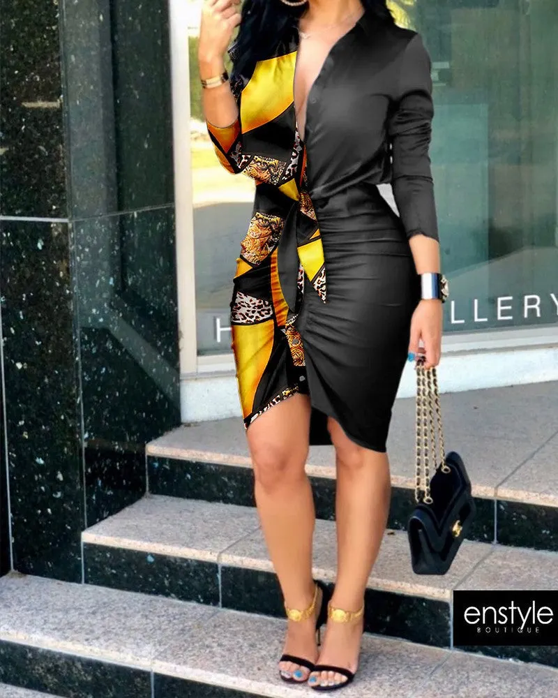 Brownm V-neck Lace-up Solid Color Long Sleeve Dresses