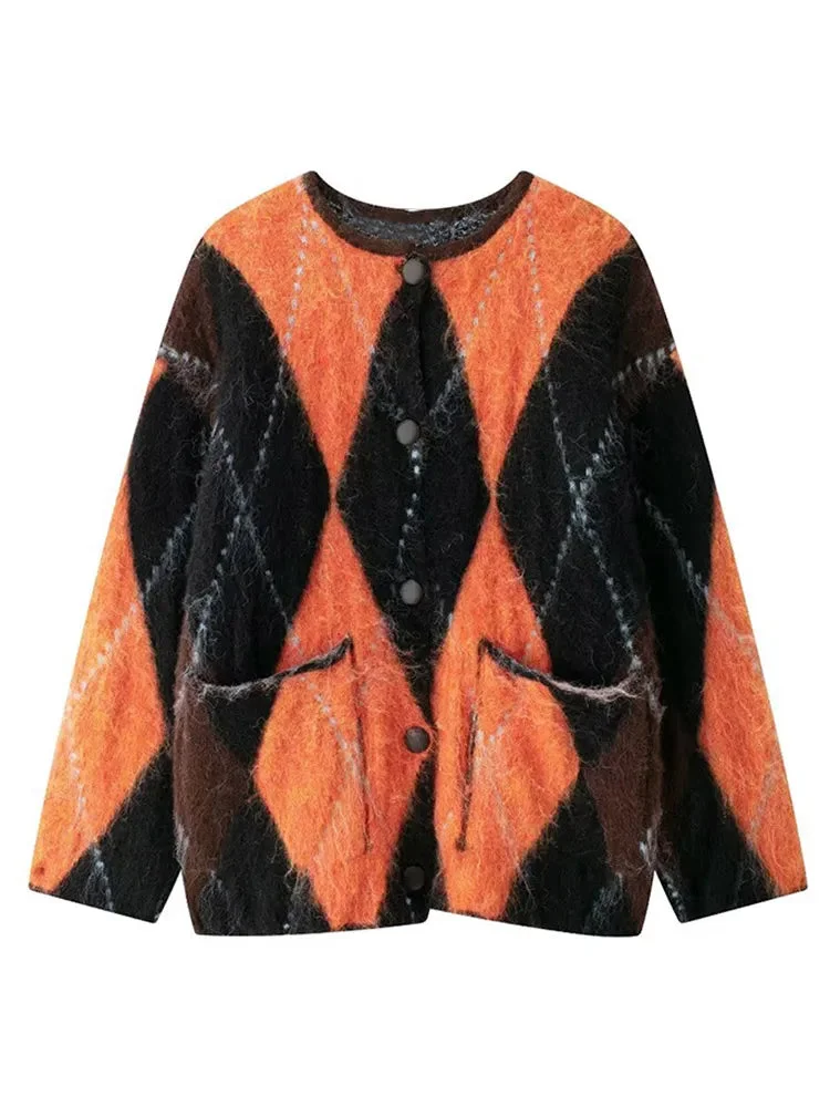 Toloer Orange Dimond Pattern Fuzzy Cardigan-Outfit Ideas