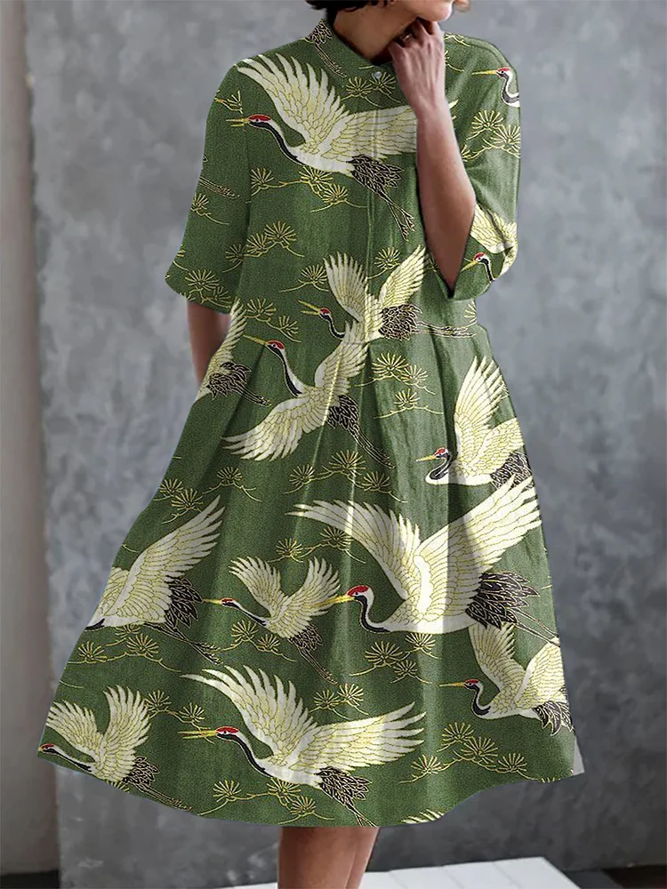 Vintage Japanese Crane Print Casual Elegant Pocket Half Sleeve Dress