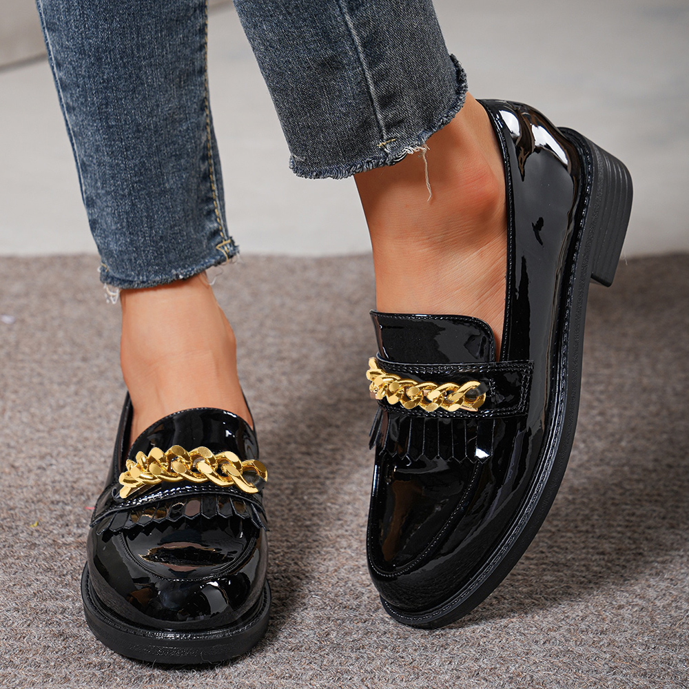 Black Patent Leather Rounded Toe Block Heel Loafers with Gold Chain Nicepairs