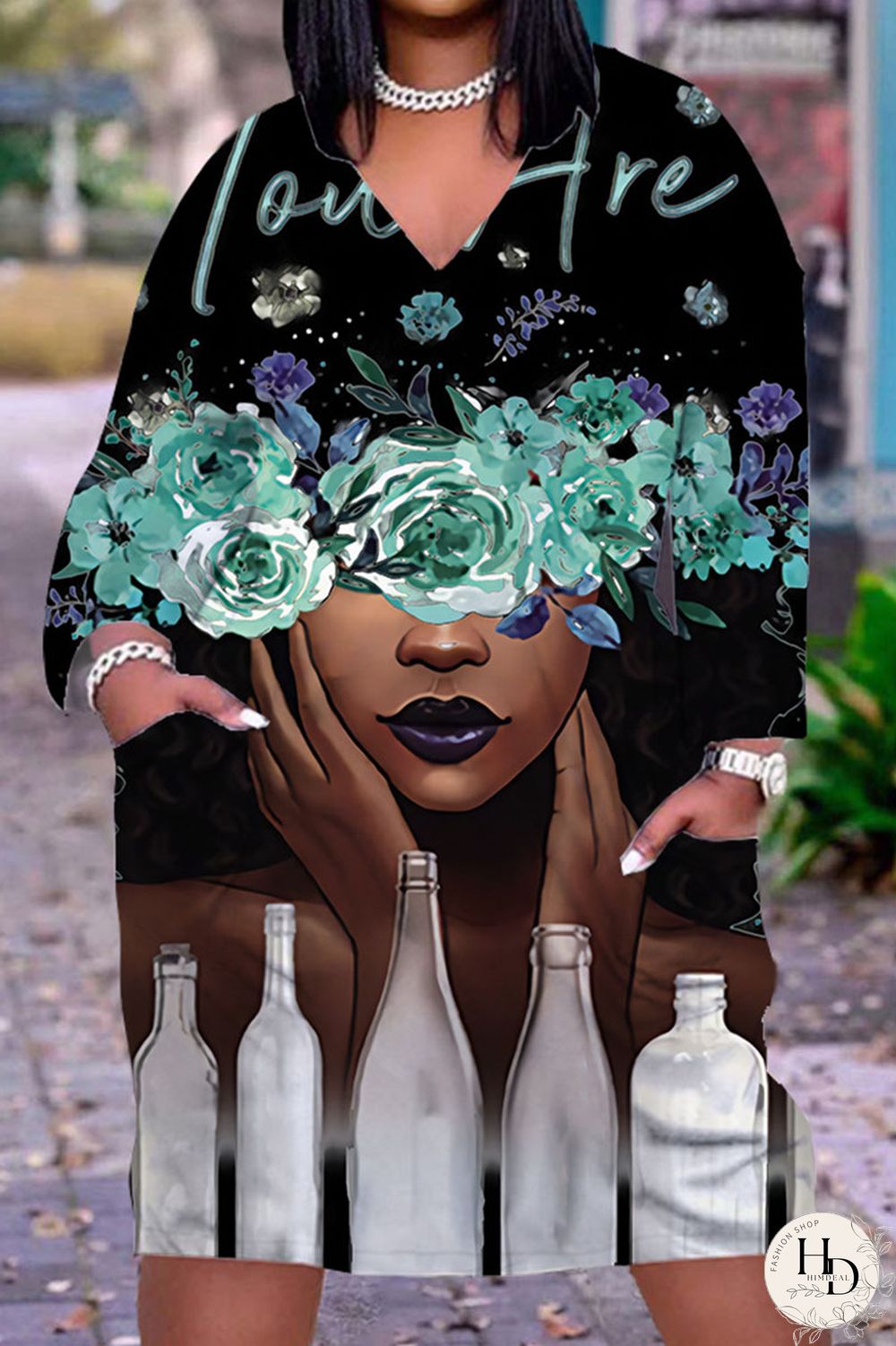 Yellow Brown Casual Print Patchwork V Neck Straight Dresses