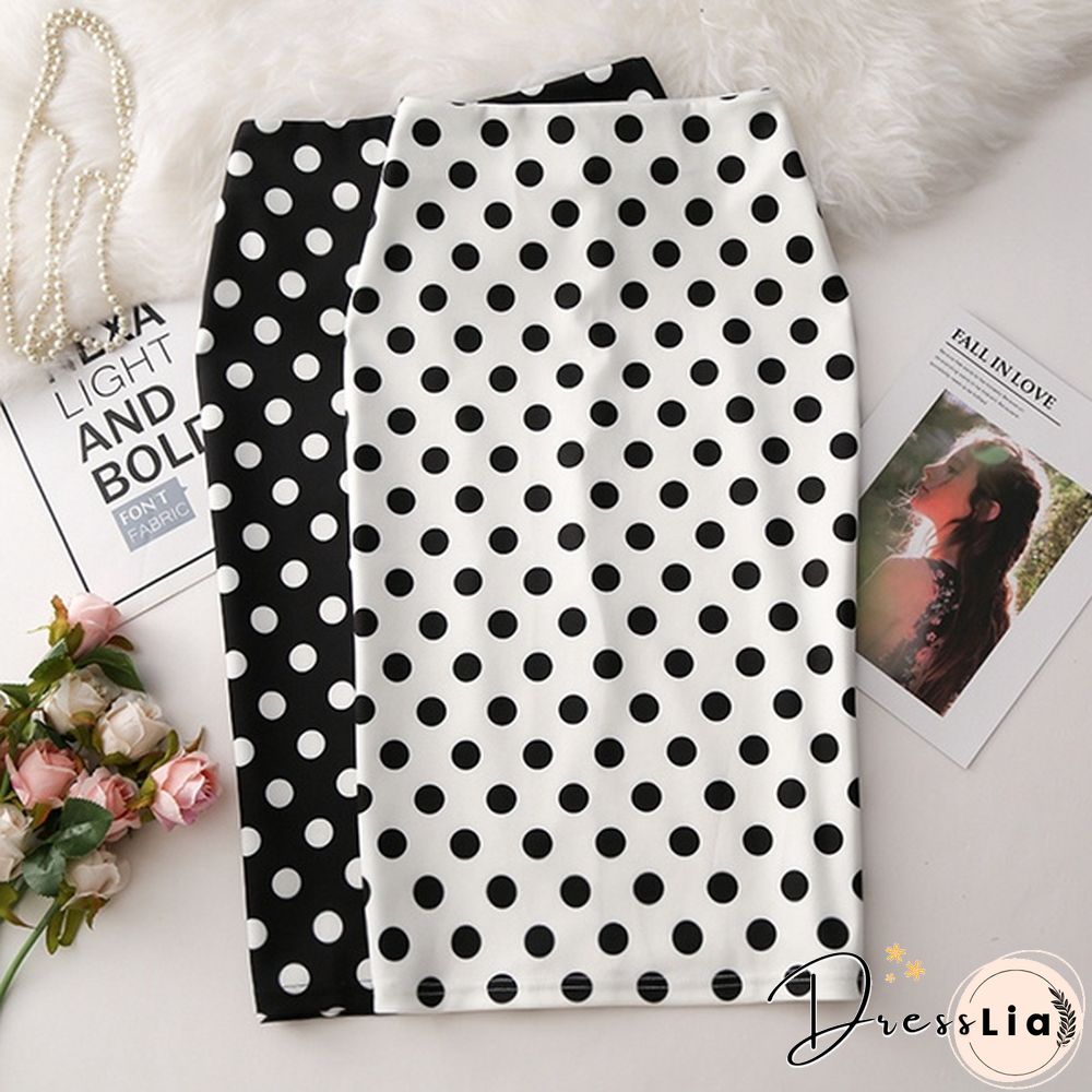 Summer New Polka Dot High Waist Skirt Mid-Length Slit Bag Hip Skirt Female Plus Size Skirts Womens Print Casual