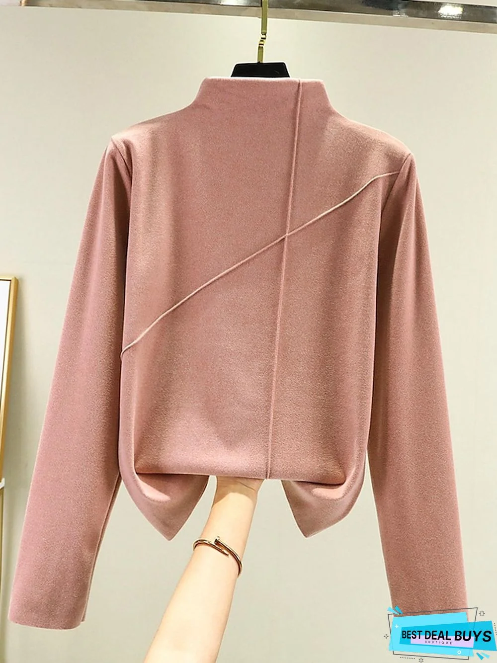 Women's T shirt Tee Light Pink dark brown A Plain Long Sleeve Daily Basic High Neck Regular Fleece lined XXL (recommended 140-160 catties)