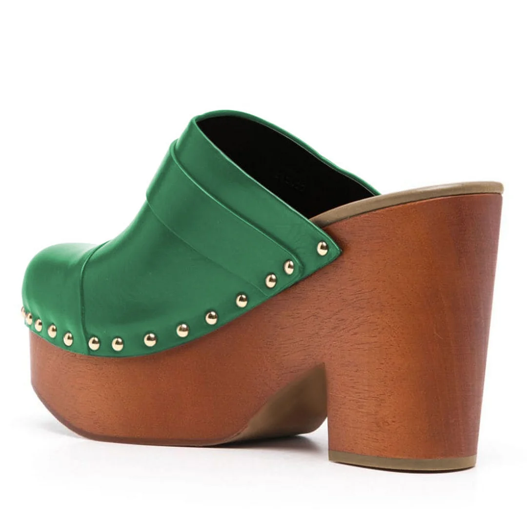 Green Studs Buckle Strap Round Toe Block Heel Platform Mules Shoes