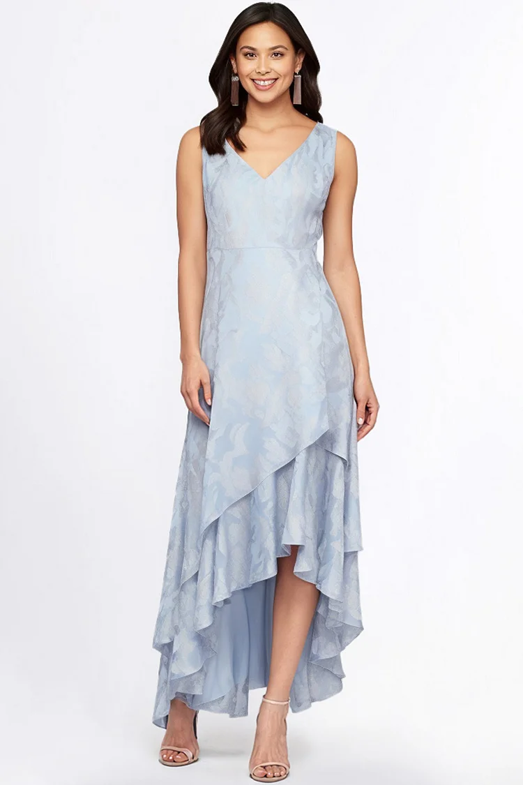 Zaruci Mother Of The Bride Light Blue Chiffon Sleeveless Jacquard Layered Maxi Dress [Pre-Order]