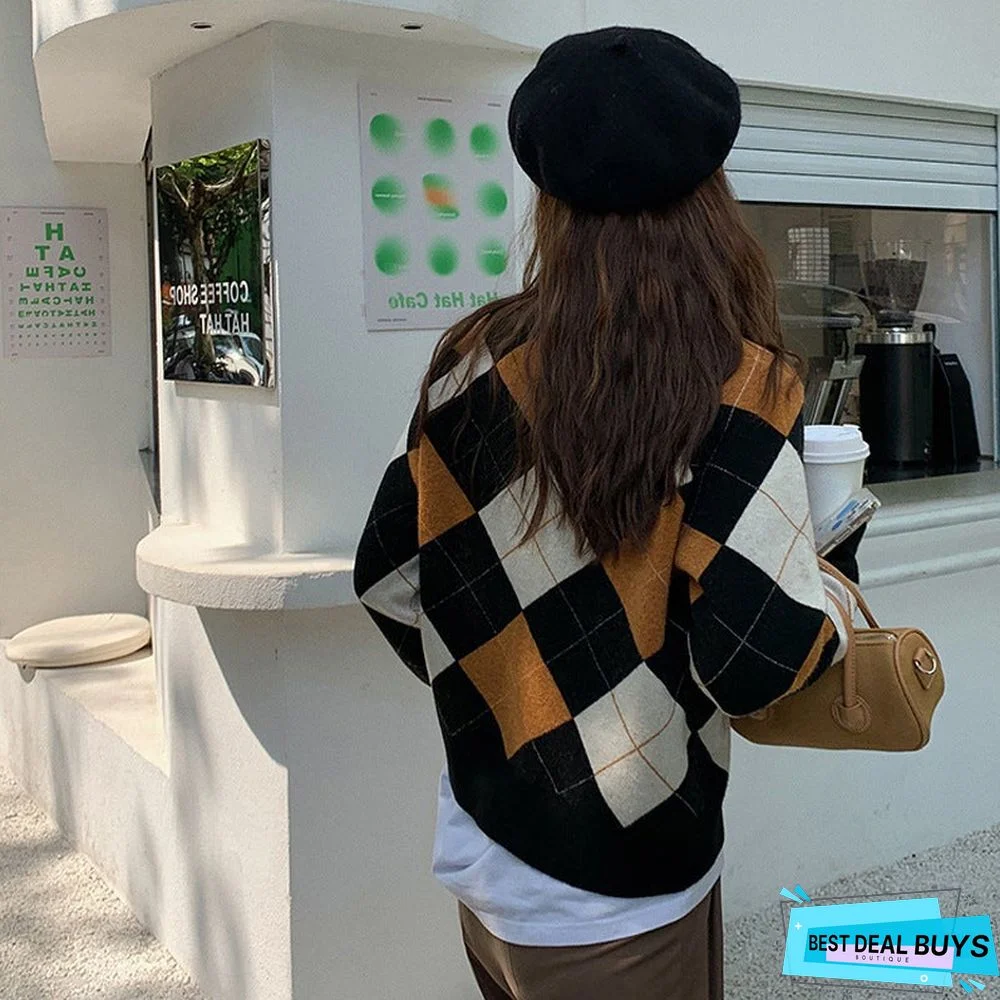 Retro Rhombic Sweater Cardigan