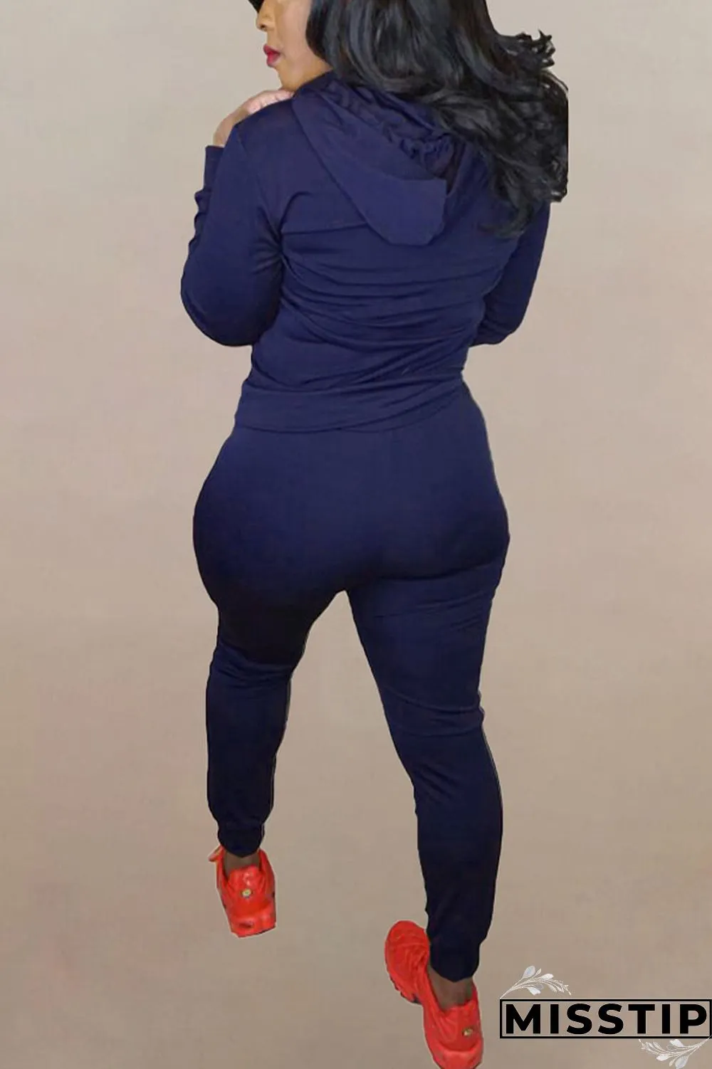 Dark Blue Sportswear Letter Hollowed Out Hooded Collar Long Sleeve Two Pieces