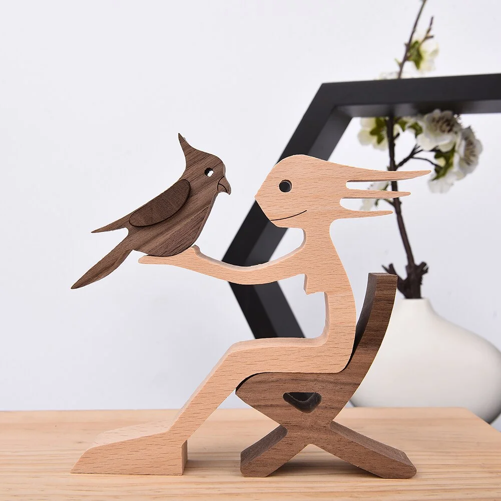 Wood Puppy Family Table Figurin Decor Ornaments Wooden Dog Craft Statue Home Decoration Cute Human and Pets Sculpture Craft Gift