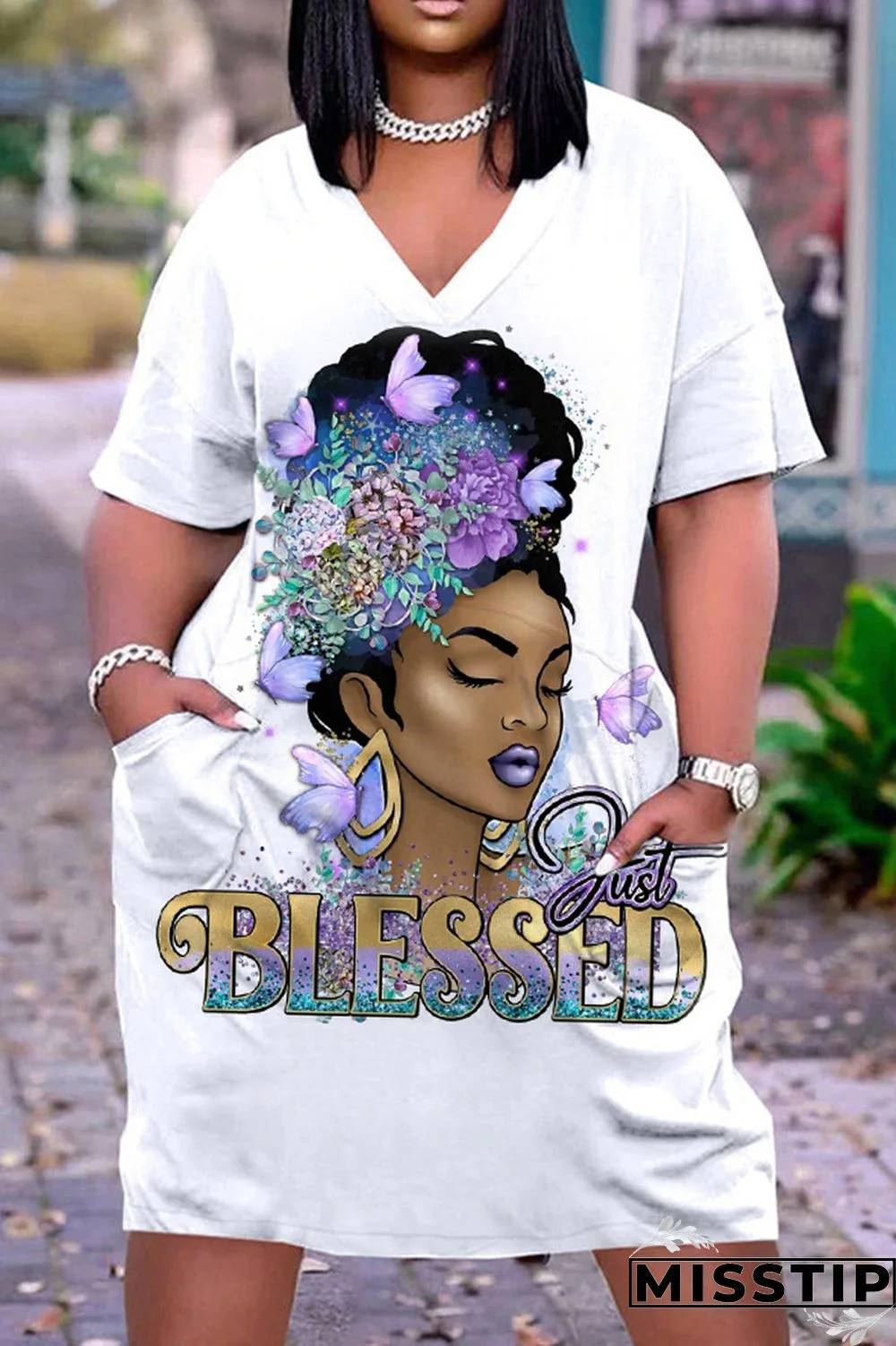 Multi-color Fashion Casual Print Patchwork V Neck Short Sleeve Dress