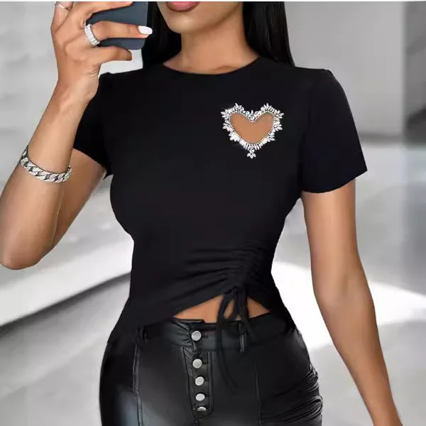 Wongn Wongn / Summer 2024 Women's Wear New Heart-Shaped Hot Diamond Round Collar Draw Rope T-Shirt Top