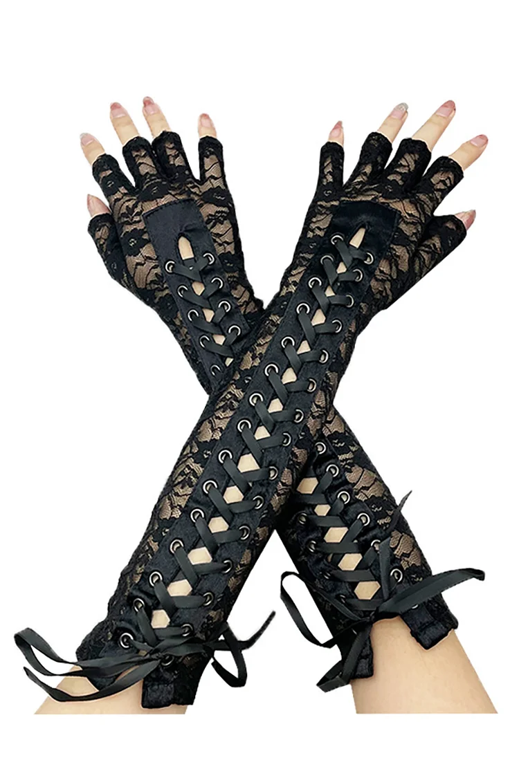 Flowers Printing Lacing Up Riding Lace Half-Finger Gloves