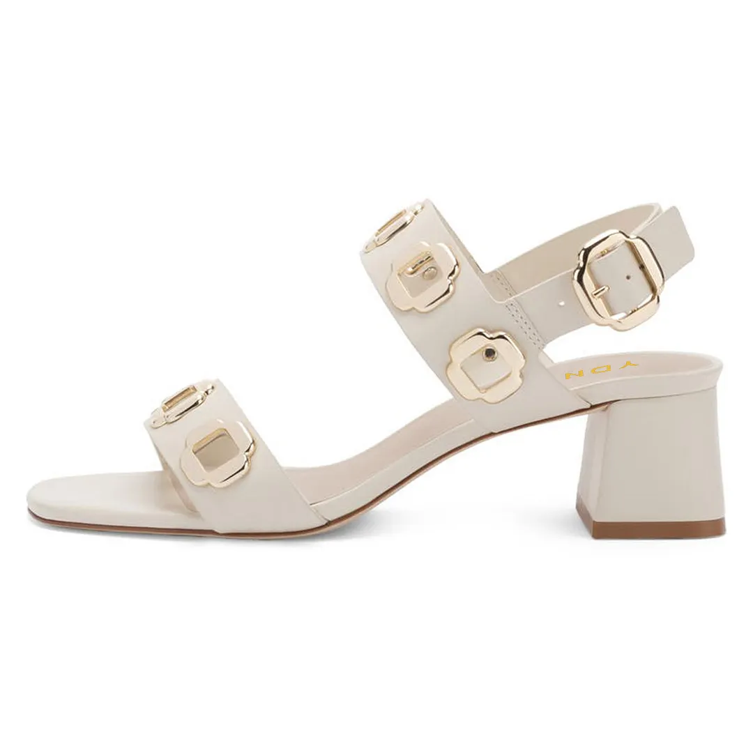 Ivory Open Toe Metal Decor Cut-Out Strap Block Heel Sandals