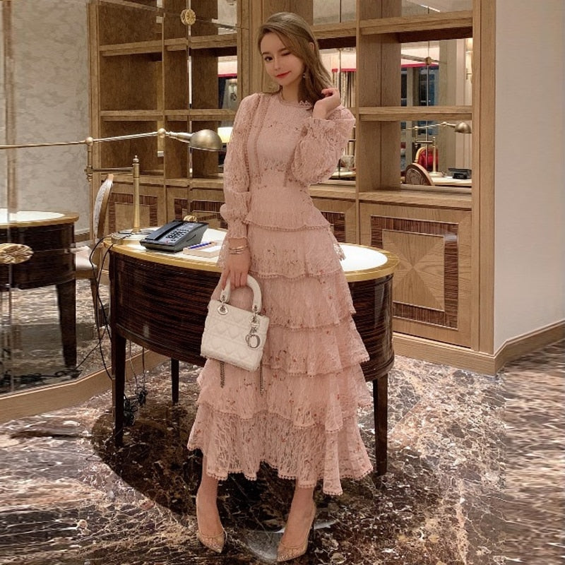 LANFUBEISI Vintage Spring Women Lace Embroidery Sweet Ruffles Layered Midi Long Dress Elegant Princess Party Holiday Dress Vestidos LANFUBEISI