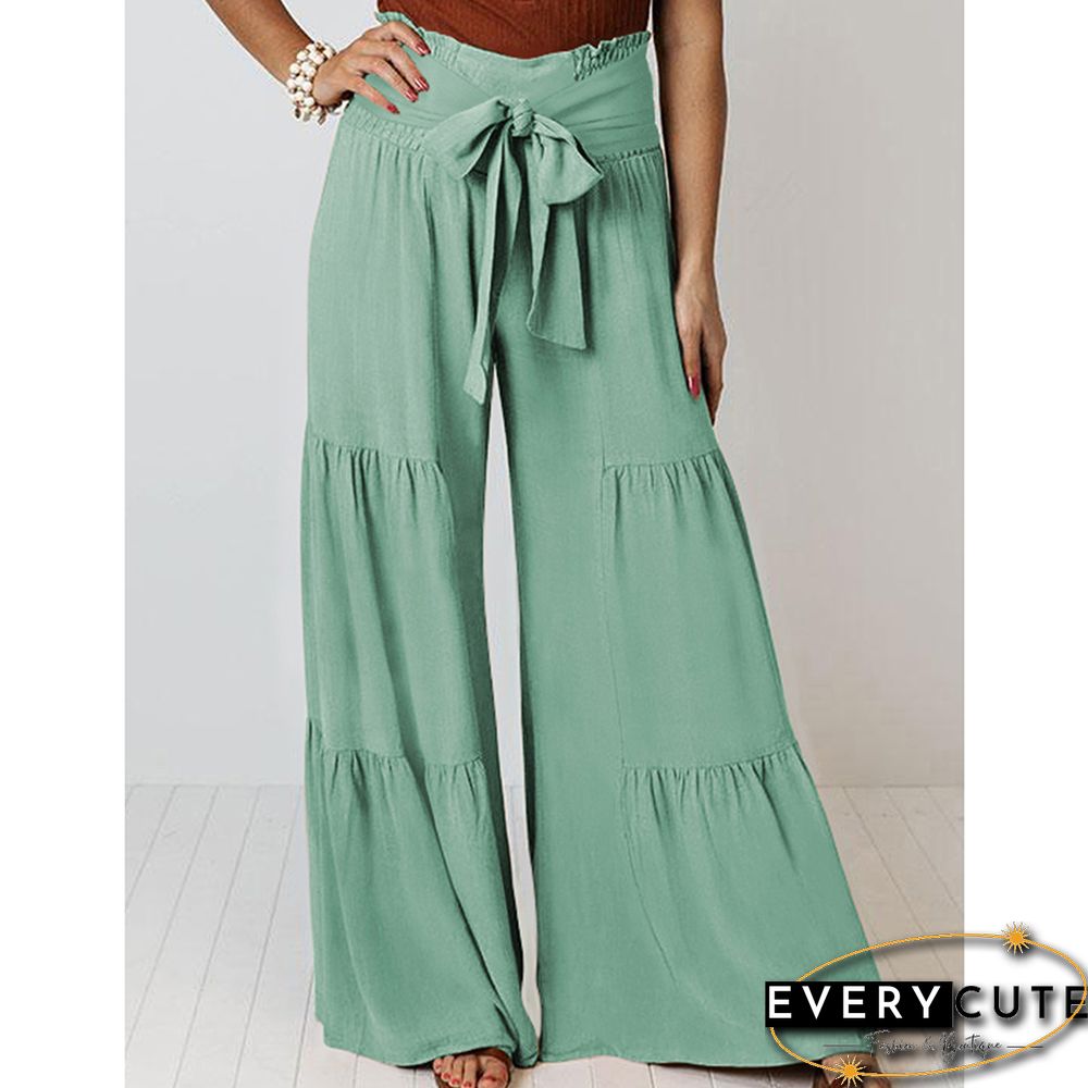 Green Smocked High Waist Palazzo Pants with Tie