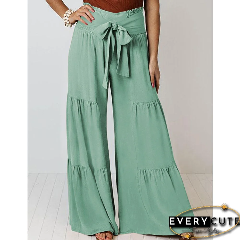 Green Smocked High Waist Palazzo Pants with Tie