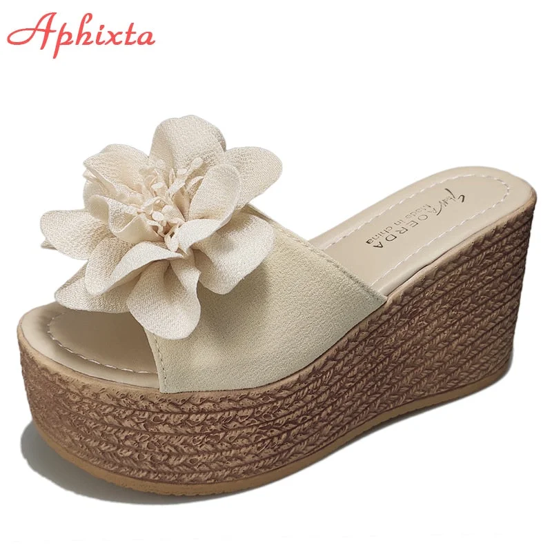 Aphixta New 3.54 Inch Wedge Heels Appliques Flowers With Stamen Platform Slides Women Female Cool Sandals Clog Shoes Slippers
