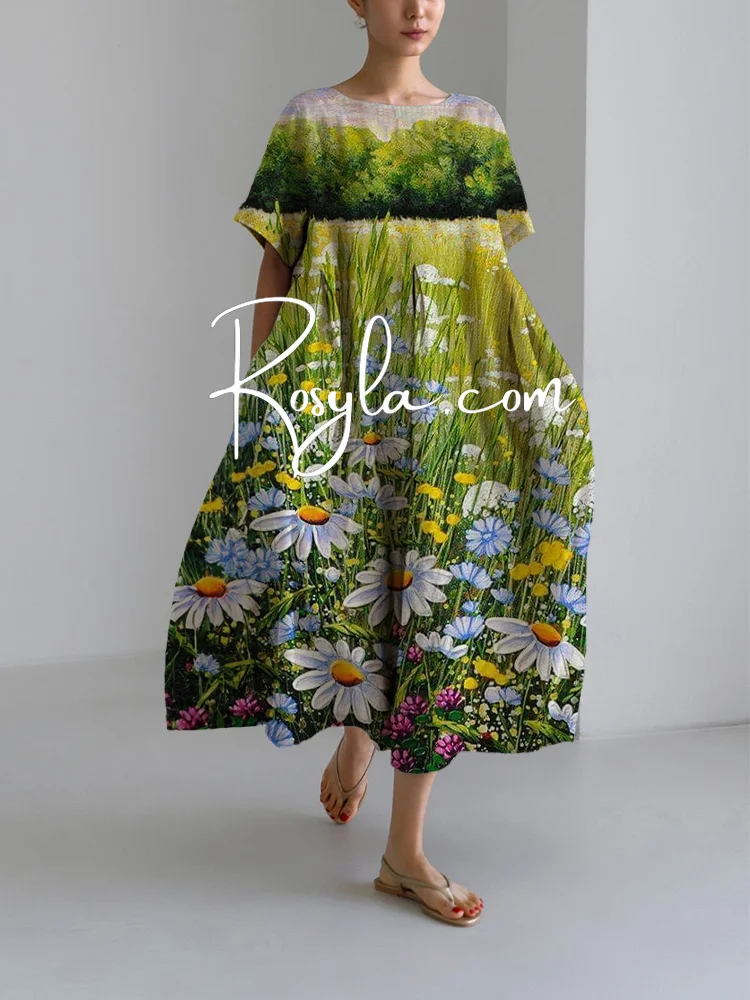 Women's Art Retro Leaves Print Loose Round Neck Medium Length Skirt Dress