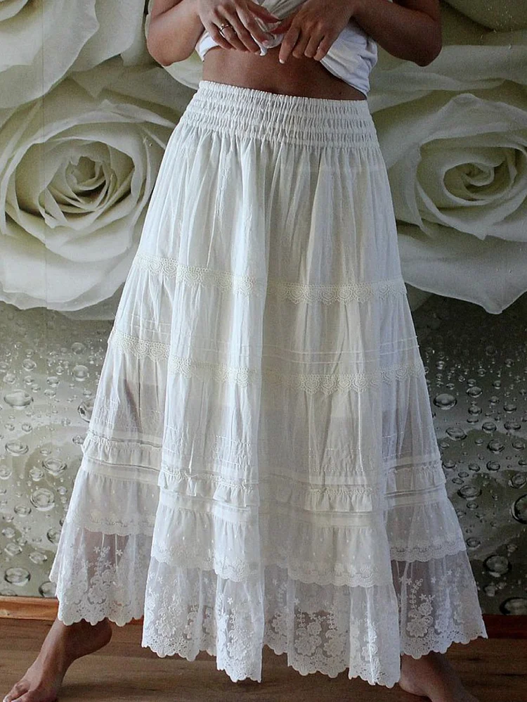 Elegant Guipure Lace Patchwork Elastic Waist Maxi Skirt