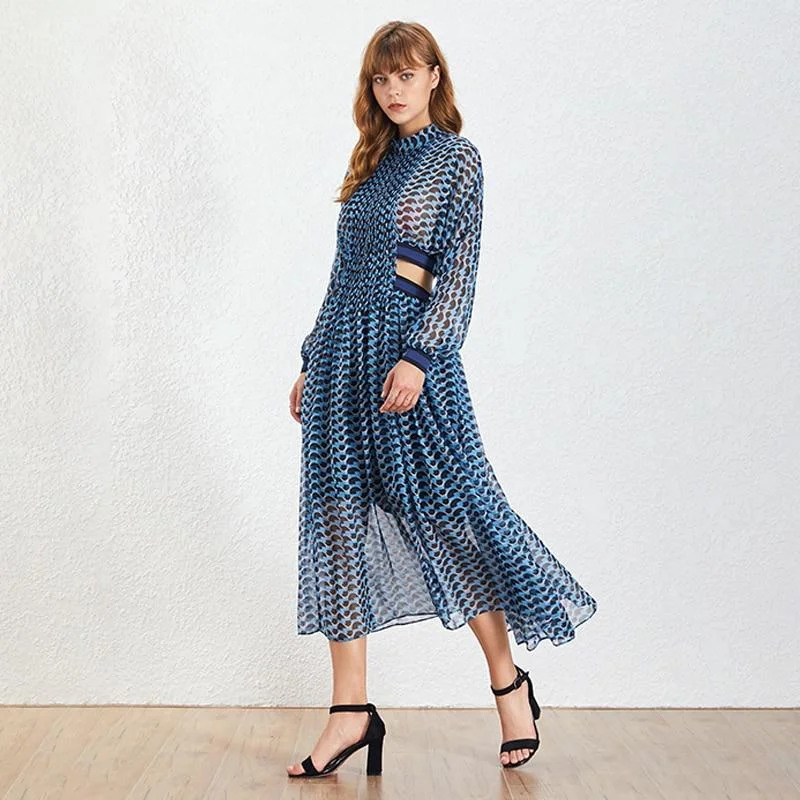 ABEBEY Bohemian Style Stand Collar A Line Women's Dress Long Sleeve Print Hollow Out Female Dresses Fashion 2023 New Tide