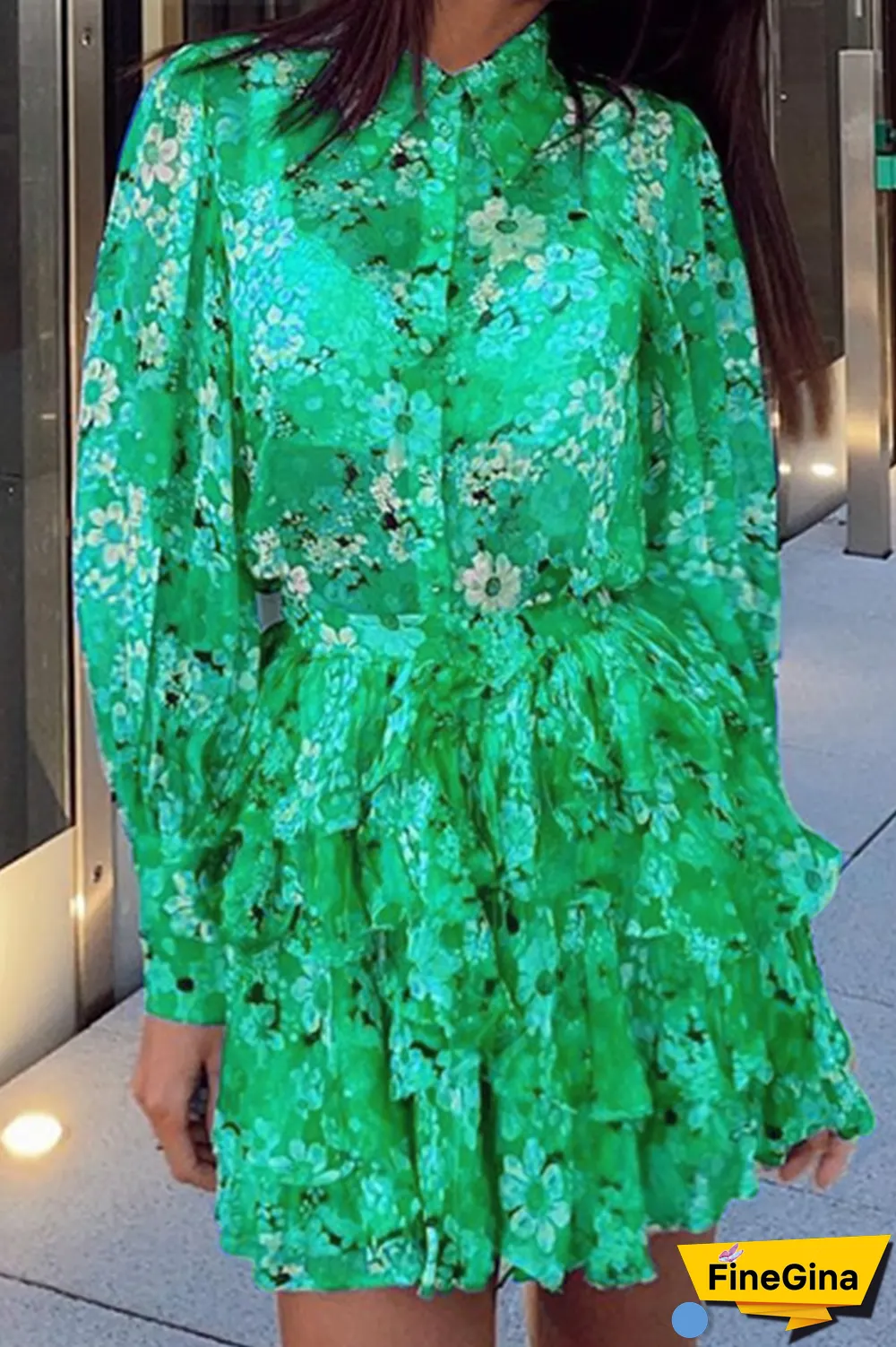 Casual Print Split Joint Turndown Collar Cake Skirt Dresses