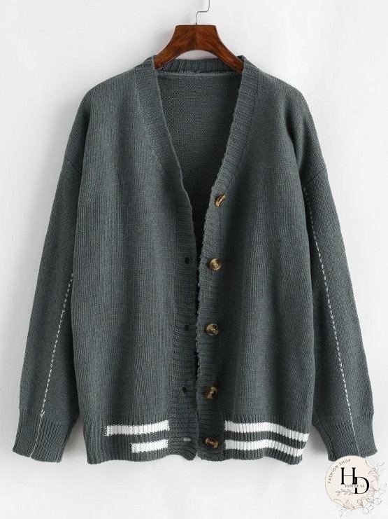 Button Up Contrast Striped Cardigan
