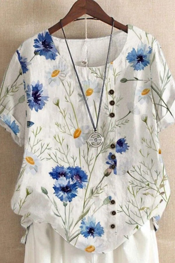 Floral Print Buttons Short Sleeves T-shirt