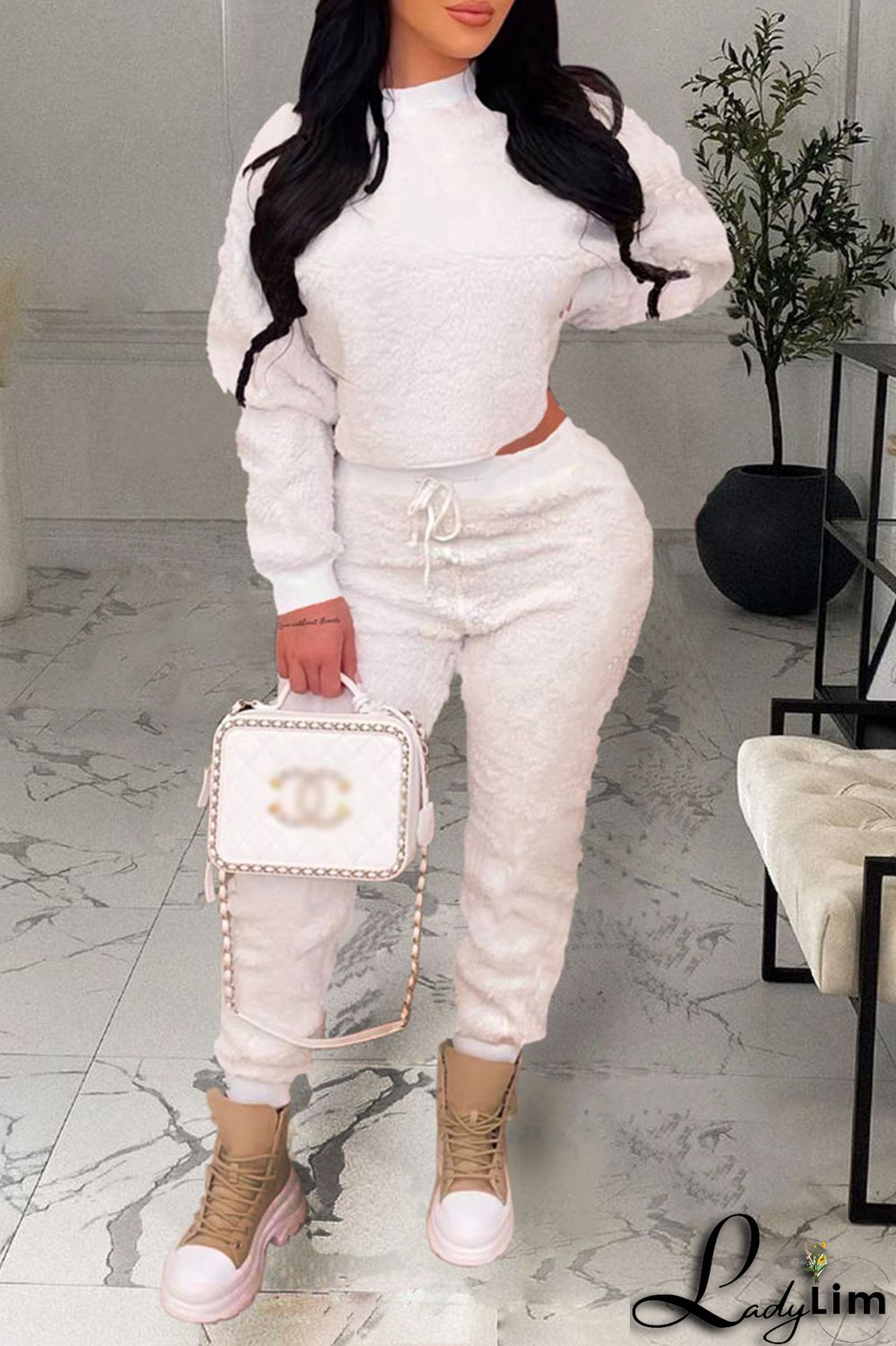 Coffee Casual Solid Split Joint O Neck Long Sleeve Two Pieces