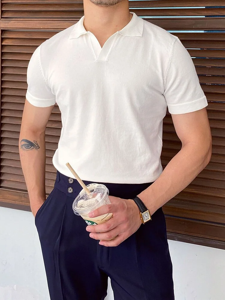 Zingj Fashion Men Short Sleeve Slim Polo Shirt Vintage Pattern Print Patchwork Knit Polo Shirt Men Casual Button Lapel Pullover