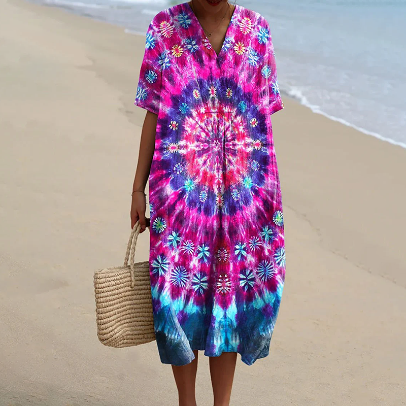 Comstylish Vintage Hippie Vibe Mandala Tie-dye Pattern Printed Women's Flowy Dress