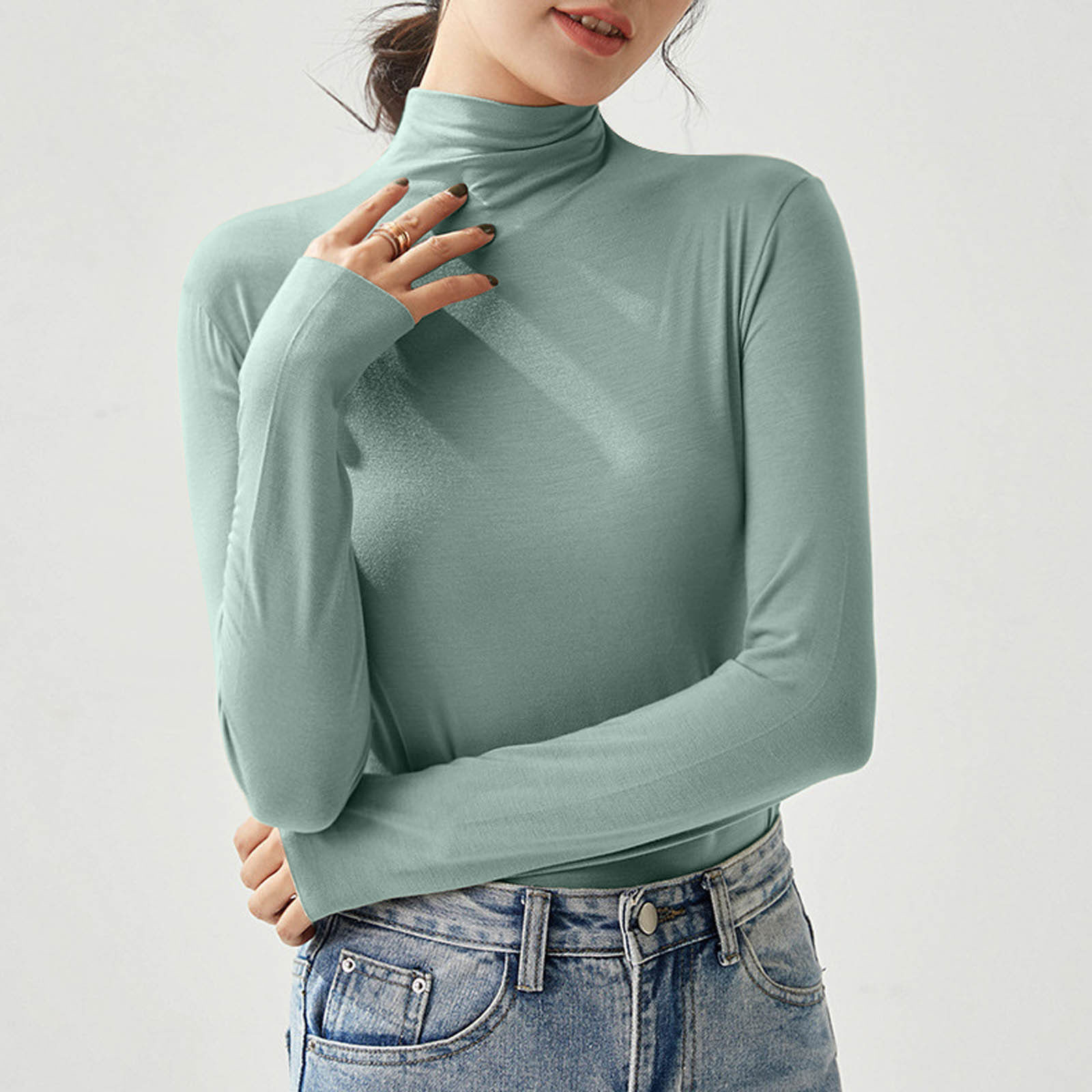 Women Autumn Slim Fit T-shirts New Half Turtleneck Elastic Versatile Basic Shirt Soft Tight Elegant Temperament Show Thin Tops