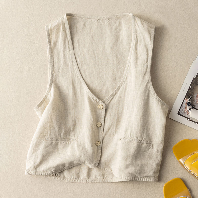 Literary and retro cotton and linen vest with top