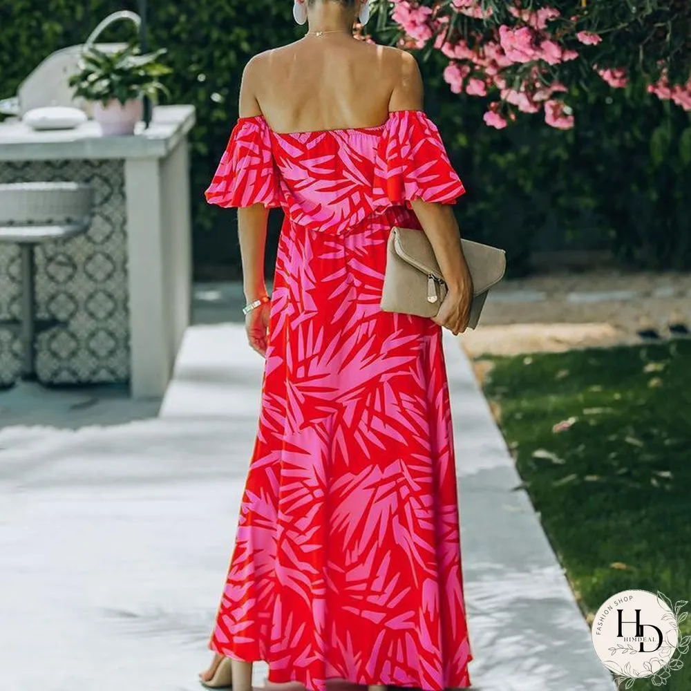 Beach Off Shoulder Red Printed Dress