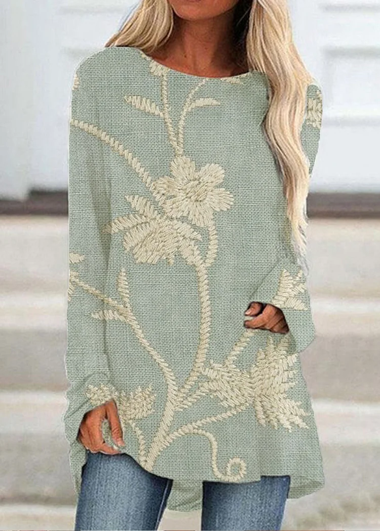 Floral Pattern  Long Sleeve O-neck Casual T-shirt for Women