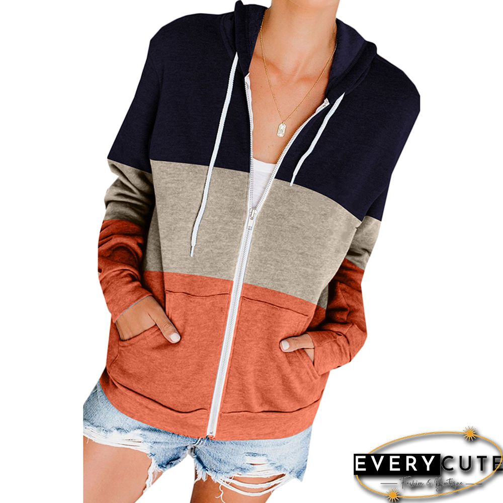 Orange Color Block Zip Kangaroo Pocket Hoodie