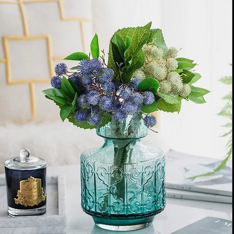 Retro Style Cylinder Blue Glass Flower Vases