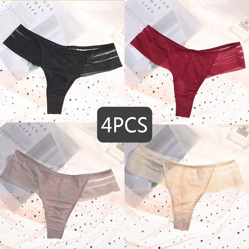 FINETOO Women's Sexy Lace Panties Seamless Cotton Crotch Breathable Ladies Transparent Underwear 4Pcs/set Comfortable Underpants