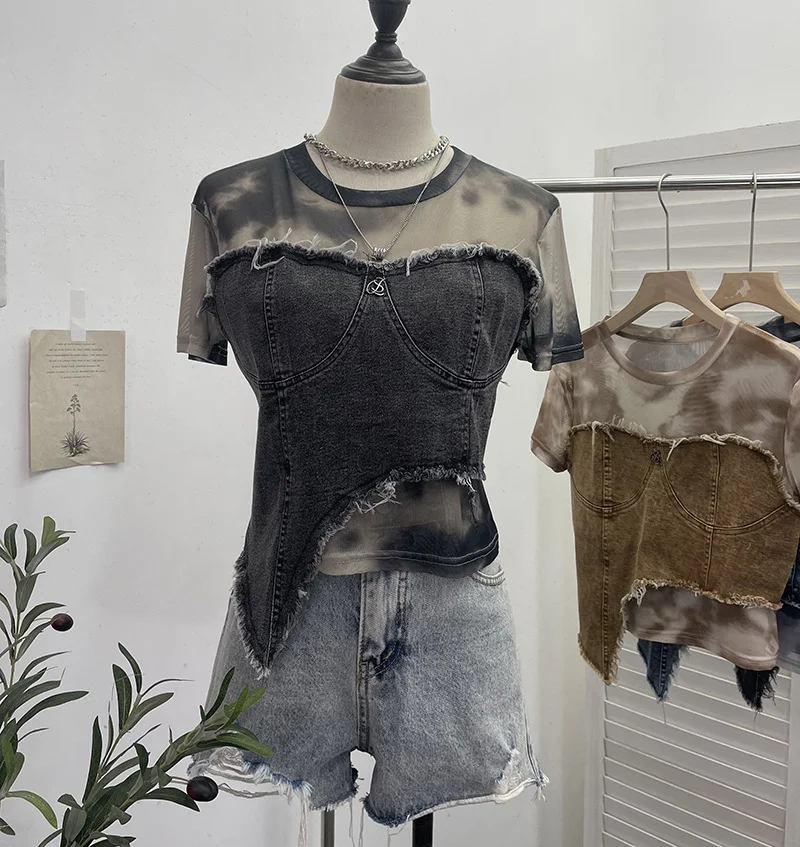Uveng Real Shooting Of The Edge Of The Denim Splicing Tie Dye Mesh Repair Irregular Two Short-Sleeved Top T-Shirt 26171