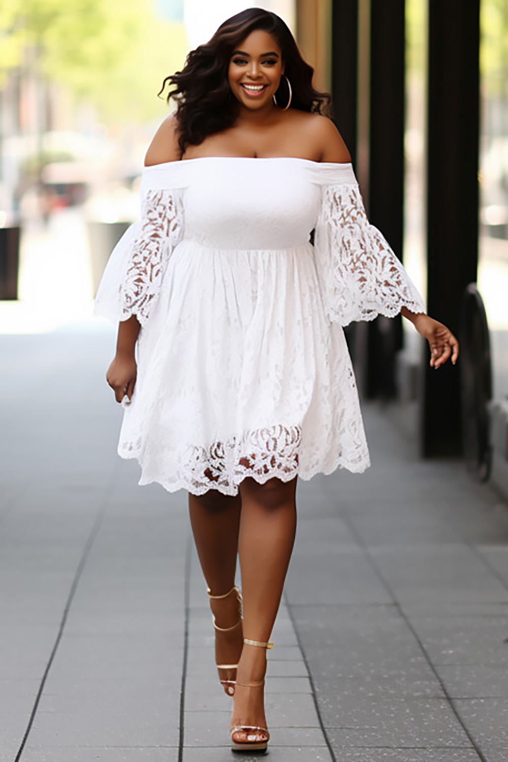 Design Plus Size Daily Elegant White Off The Shoulder Flare 3/4 Sleeve See Through Lace Mini Dresses [Pre-Order]